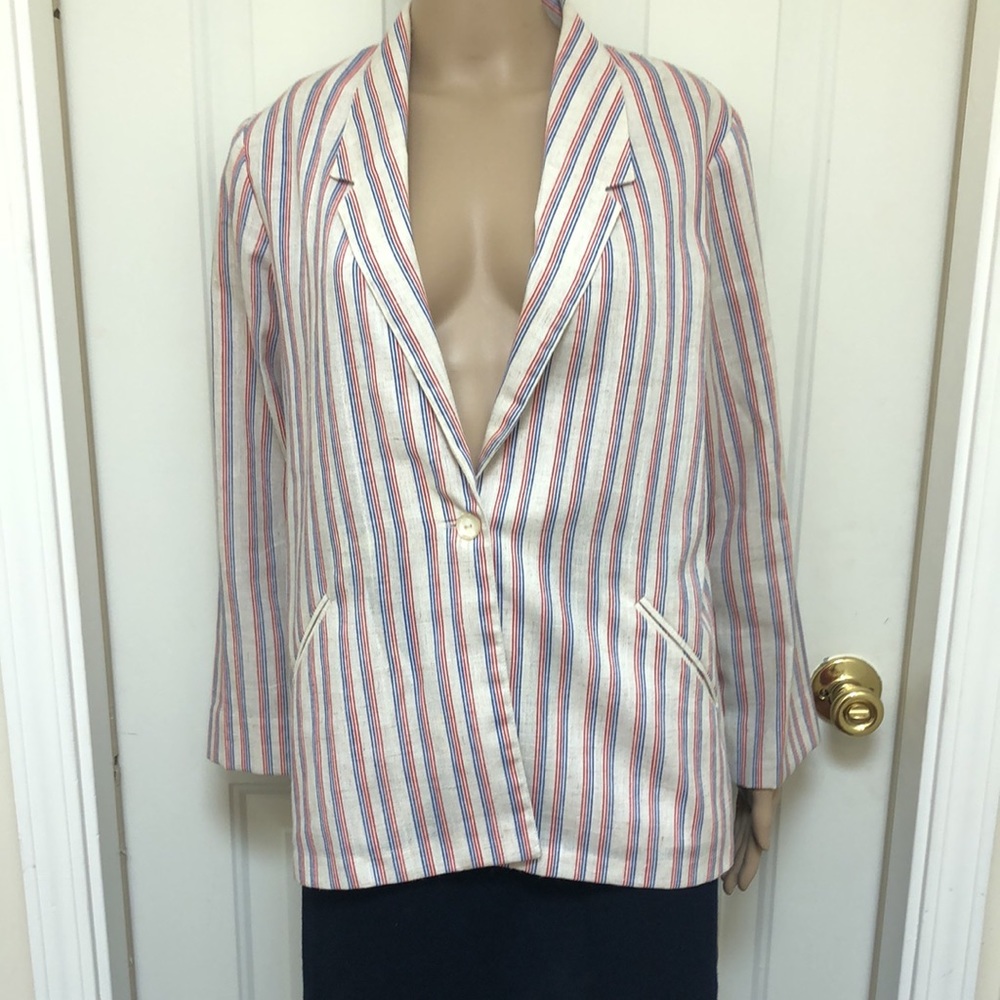 Vintage 1980’s Lightweight Pinstriped Blazer Red & Blue Career Preppy Hipster
